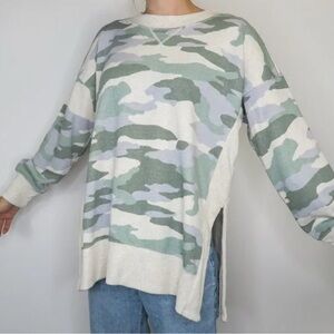 Aerie Camo Crew Neck Sweater - Green and Cream